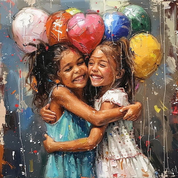 Foto dos chicas abrazadas y una tiene un globo en forma de corazón en su hombro