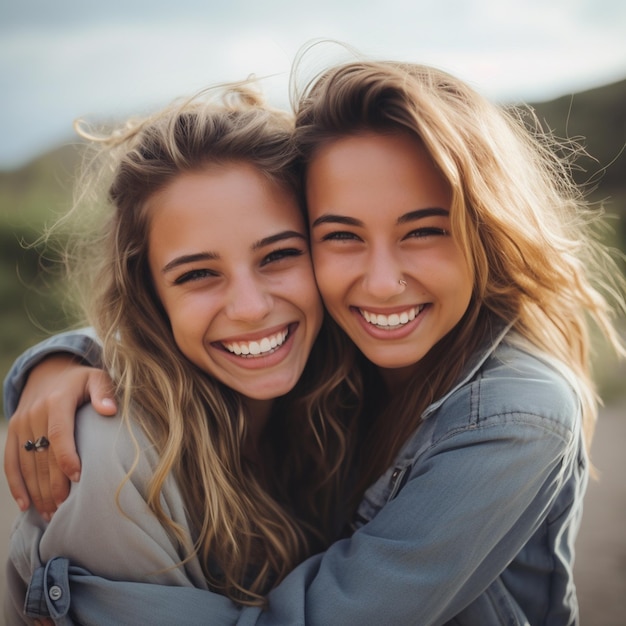 dos chicas abrazadas y una tiene una sonrisa blanca