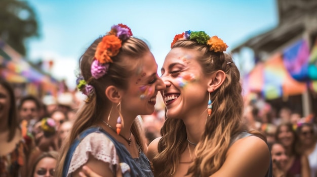Dos chicas abrazándose y riéndose en un festival.