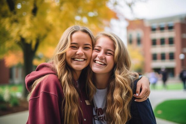 Dos chicas abrazándose y sonriendo frente a un árbol.