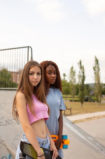 Dos chicas adolescentes pasar tiempo juntos en el parque de la pista de patinaje