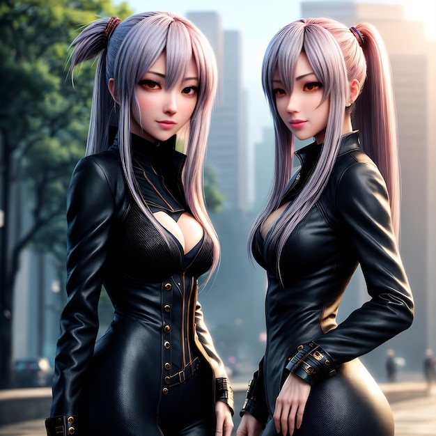 dos chicas anime vestidas de negro con un árbol al fondo