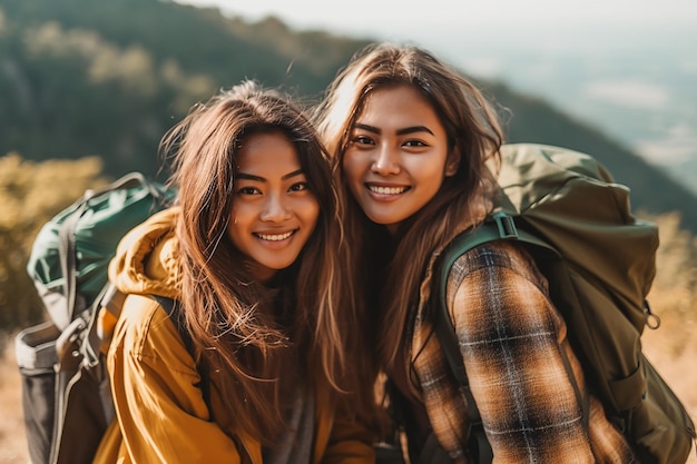 Dos chicas asiáticas se toman una selfie en la montaña.