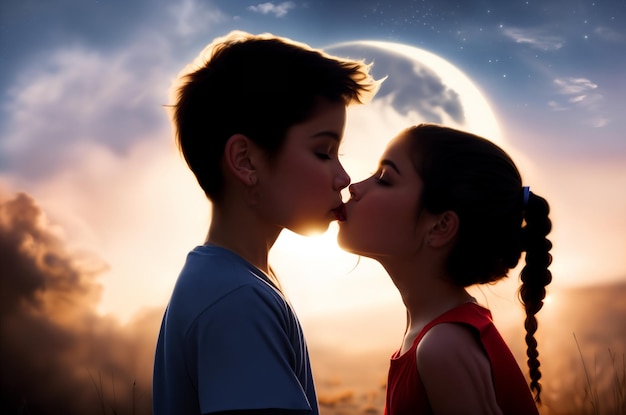 Dos chicas besándose en el fondo del sol poniente concepto del día de San Valentín