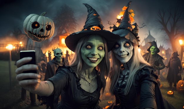Dos chicas brujas sonrientes tomándose selfies con sus amigos, zombis, fantasmas y otros espíritus malignos en el cementerio, una divertida y espeluznante fiesta de halloween