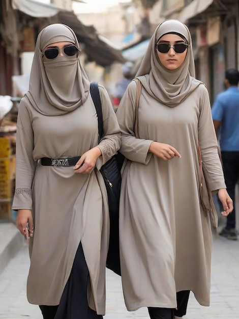 Dos chicas con burkas y gafas caminan por la calle.