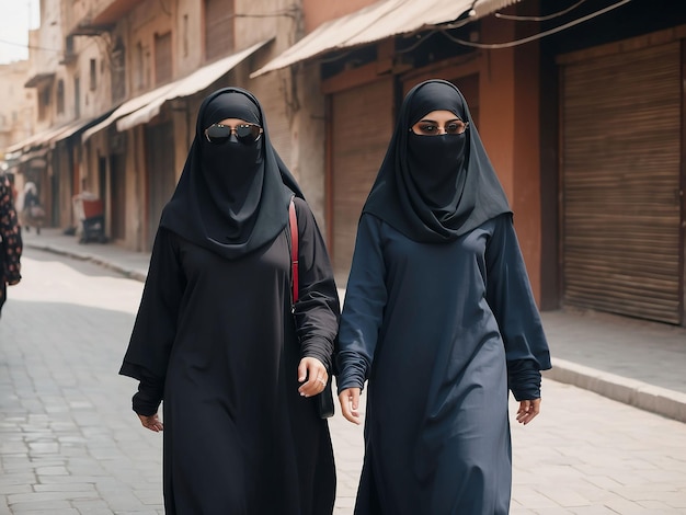 Dos chicas con burkas y gafas caminan por la calle.