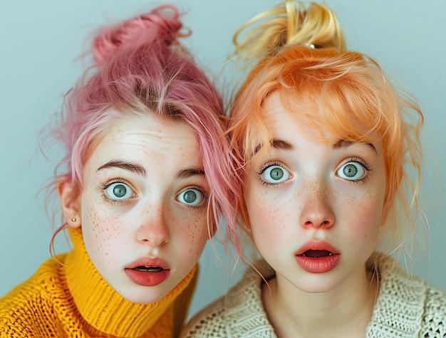 Foto dos chicas con cabello rosa y un suéter amarillo con cabello rosado