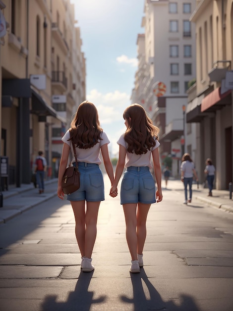 Dos chicas caminan juntas por el camino.