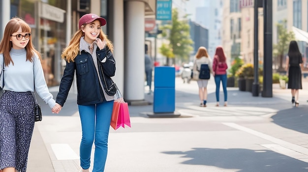 Dos chicas caminando con compras en calles de la ciudad