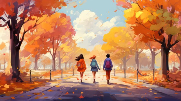 Dos chicas caminando en el parque de otoño follaje colorido