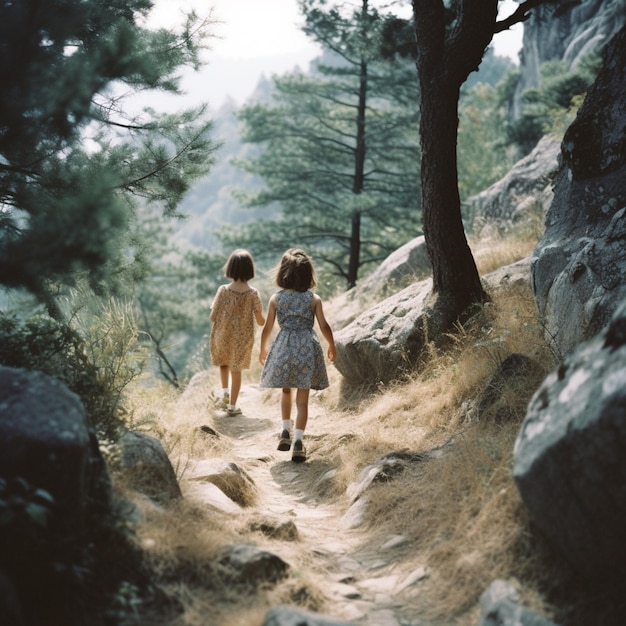 Dos chicas caminando por un sendero cogidos de la mano.