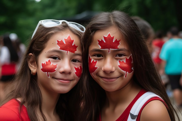 Dos chicas con caras pintadas posan para el Día de Canadá