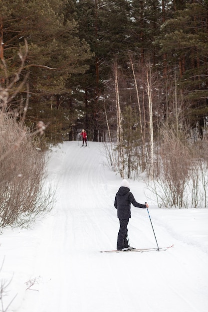Dos chicas con una chaqueta negra y roja están esquiando en invierno en un bosque cubierto de nieve en una pista de esquí. Árboles en fila .. Vista trasera. Esquiar en un hermoso bosque nevado en el frío. hermosa naturaleza de invierno