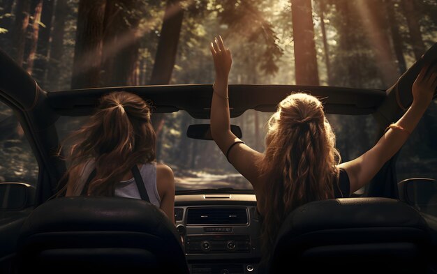 Foto dos chicas en un coche con las manos en alto conduciendo en verano