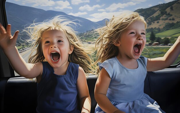 Dos chicas en un coche con las manos en alto conduciendo en verano