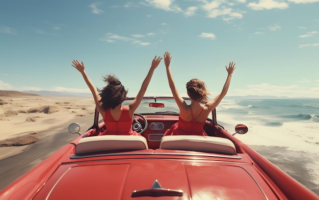 Foto dos chicas en un coche con las manos en alto conduciendo en verano