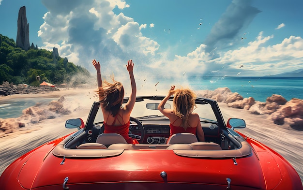 Dos chicas en un coche con las manos en alto conduciendo en verano