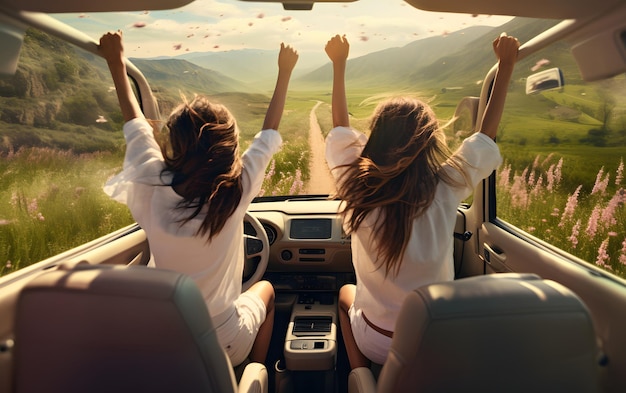Dos chicas en un coche con las manos en alto conduciendo en verano