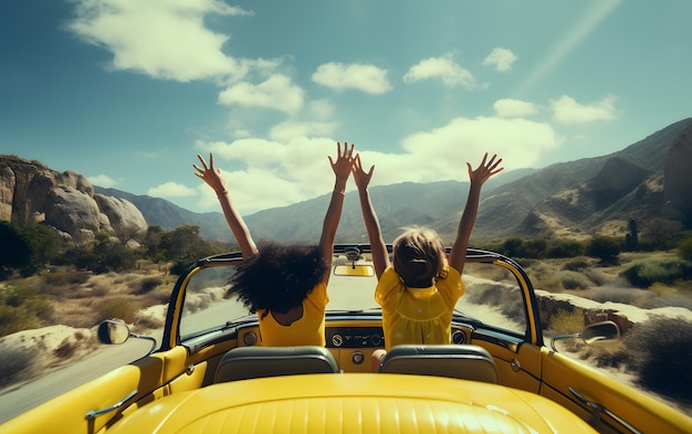 Dos chicas en un coche con las manos en alto conduciendo en verano