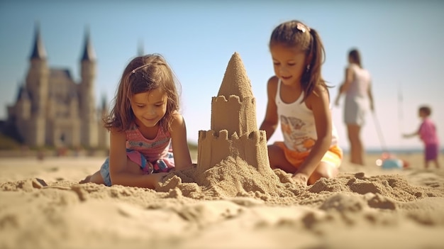 Dos chicas construyendo castillos de arena en la playa.