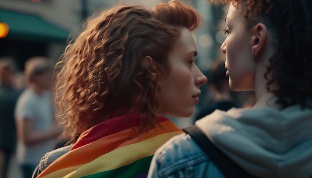 Dos chicas en desfile lgbt con bandera IA generativa