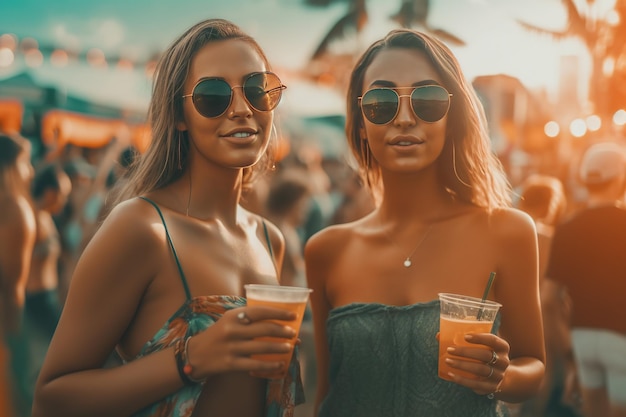 Dos chicas estadounidenses beben cerveza y se divierten en la fiesta de playa juntas novia feliz divirtiéndose en el festival de música