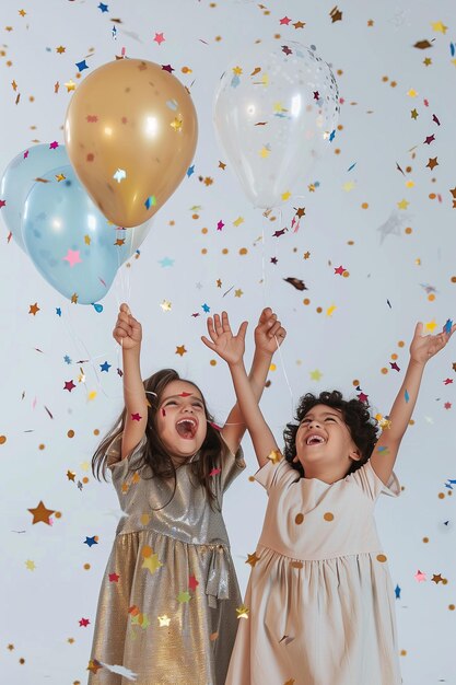 Foto dos chicas están celebrando con globos y confeti en la pared