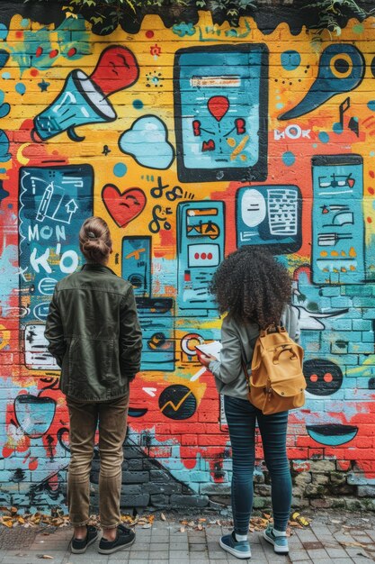 dos chicas están de pie frente a una pared con un teléfono y la palabra "amor" en él