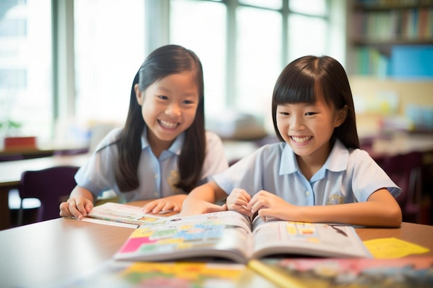 dos chicas están sonriendo y sentadas en una mesa con libros.