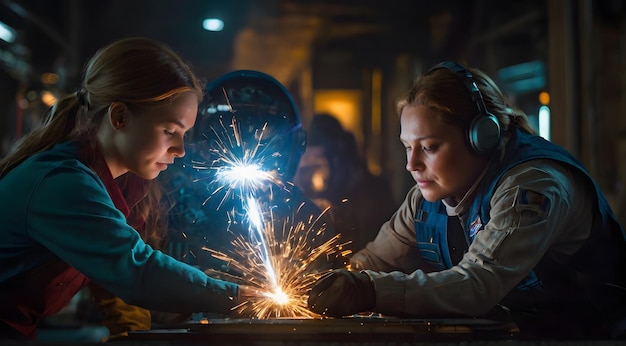 Foto dos chicas están trabajando con un taladro y una de ellas tiene una chispa en el fondo