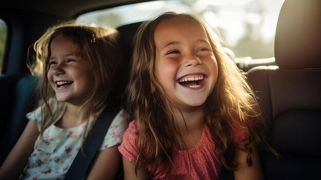 Dos chicas felices riendo en el asiento trasero de un coche mientras viajan Creado con tecnología de IA generativa