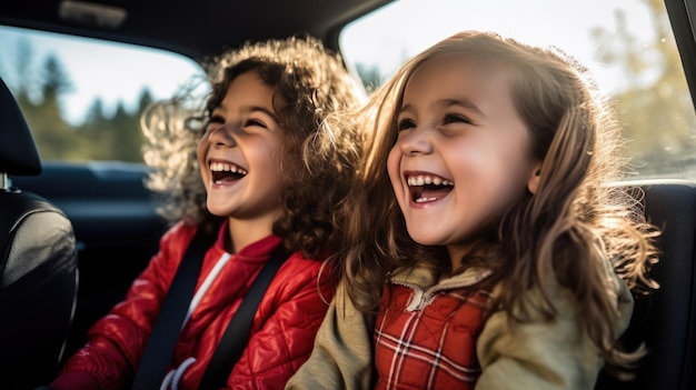 Dos chicas felices riéndose en el asiento trasero de un auto mientras viajan