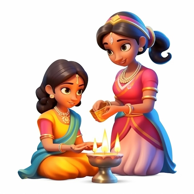 Dos chicas hermosas con un sari iluminando y sosteniendo una lámpara de aceite ilustración vectorial
