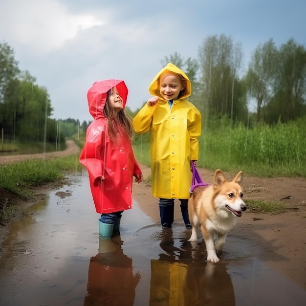 Dos chicas con impermeables brillantes caminan después de la lluvia con un lindo perro corgi galés, hay un arco iris