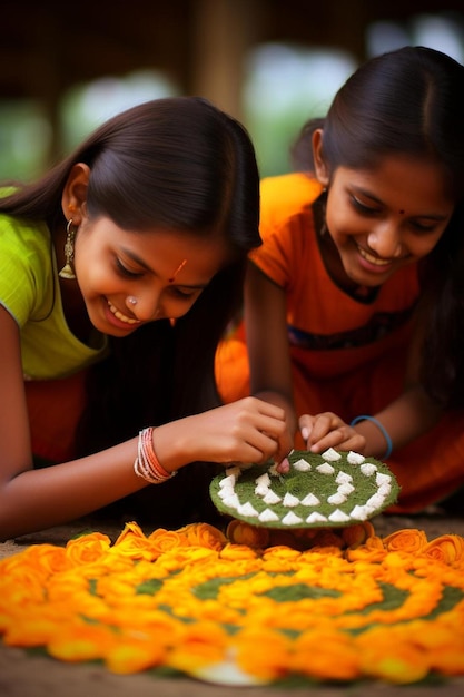 Foto dos chicas jóvenes están haciendo una decoración de flores