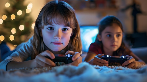 Foto dos chicas jóvenes jugando videojuegos juntas en casa enfocadas y comprometidas acogedora actividad de ocio nocturna tiempo de unión con amigos ia