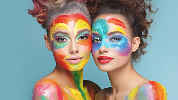 Foto dos chicas jóvenes lindas con caras pintadas y cortes de cabello coloridos y maquillaje en un fondo azul claro foto de alta calidad