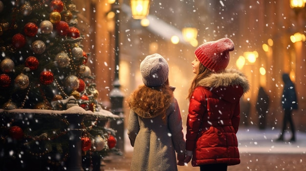 Dos chicas jóvenes paradas en la calle de Navidad mirando el árbol de Navidad cubierto de nieve