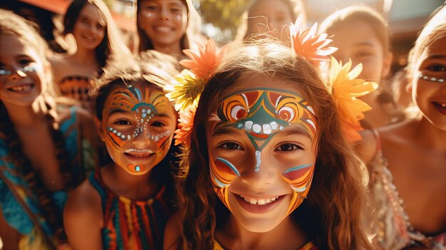 Dos chicas jóvenes con pintura facial sonríen a la cámara Chico De Mayo