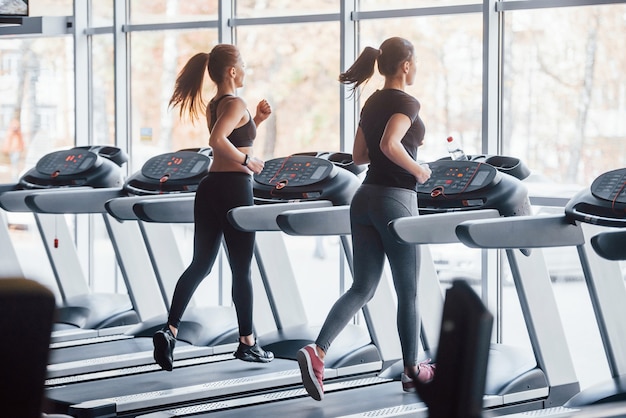 Dos chicas jóvenes en ropa deportiva están juntas en el gimnasio en la caminadora.