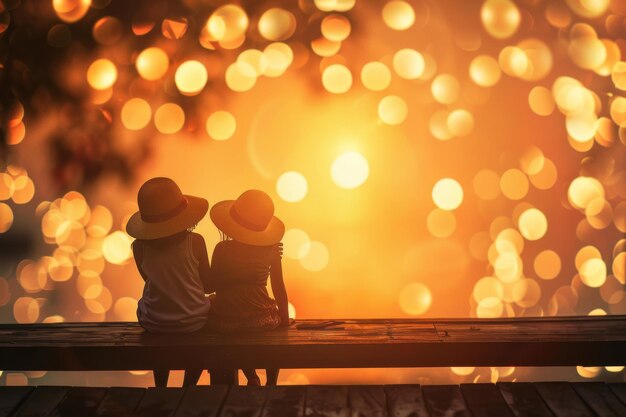 dos chicas jóvenes en silueta con fondos de bokeh dorado brillante