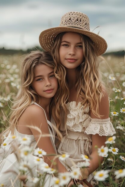 Dos chicas latinas al aire libre en un día de primavera en un campo de flores mirando a la cámara AI generativa