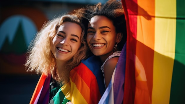 Dos chicas lesbianas con la bandera del arco iris felizmente sonriendo y celebrando profundamente enamoradas