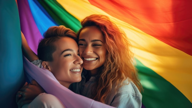 Dos chicas lesbianas con la bandera del arco iris felizmente sonriendo y celebrando profundamente enamoradas