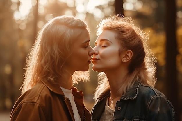 Dos chicas lesbianas lgbt enamoradas se besan en la naturaleza en el parque en verano IA generativa