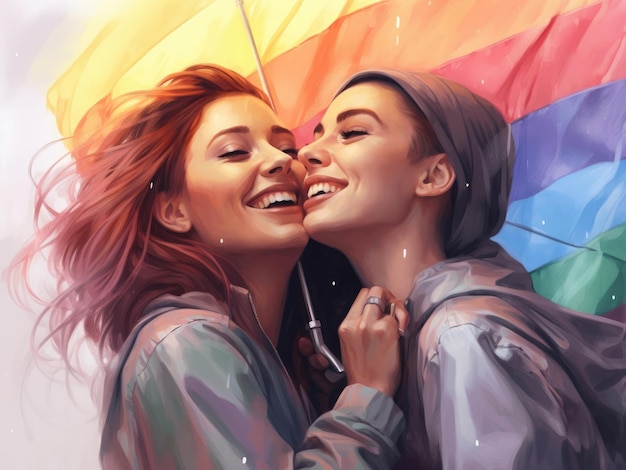 Dos chicas lesbianas sonriendo con un ai generativo de bandera lqbt