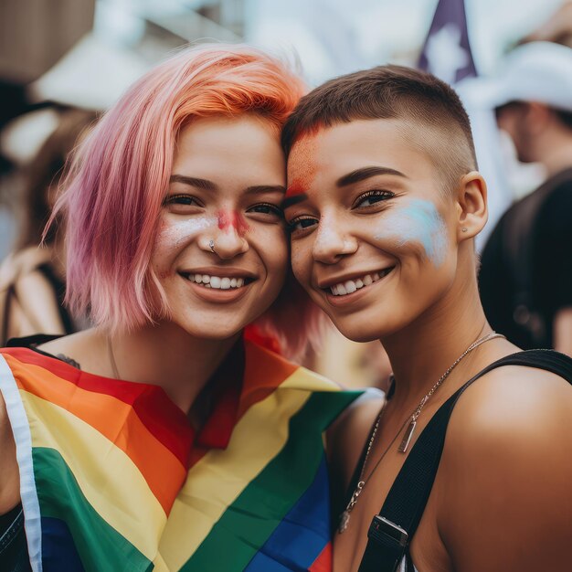 Foto dos chicas lesbianas sonriendo llevando una bandera de ai generativo