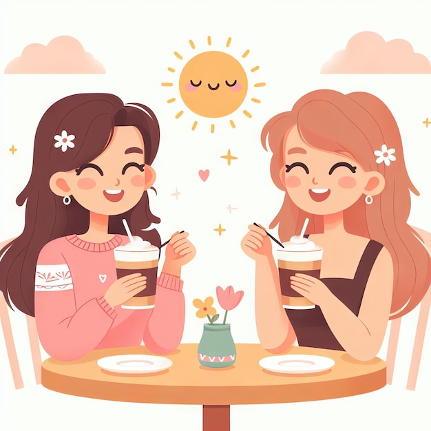 Dos chicas lindas beben capuchinos en un café Ilustración plana solar