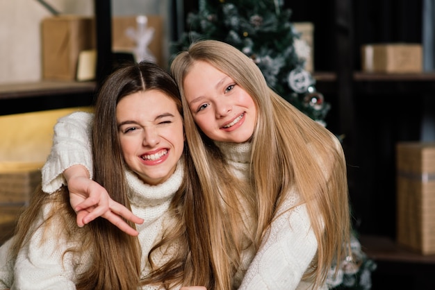 Dos chicas lindas están sentadas en un sofá en un interior de Navidad con un árbol de Navidad. Concepto de año nuevo